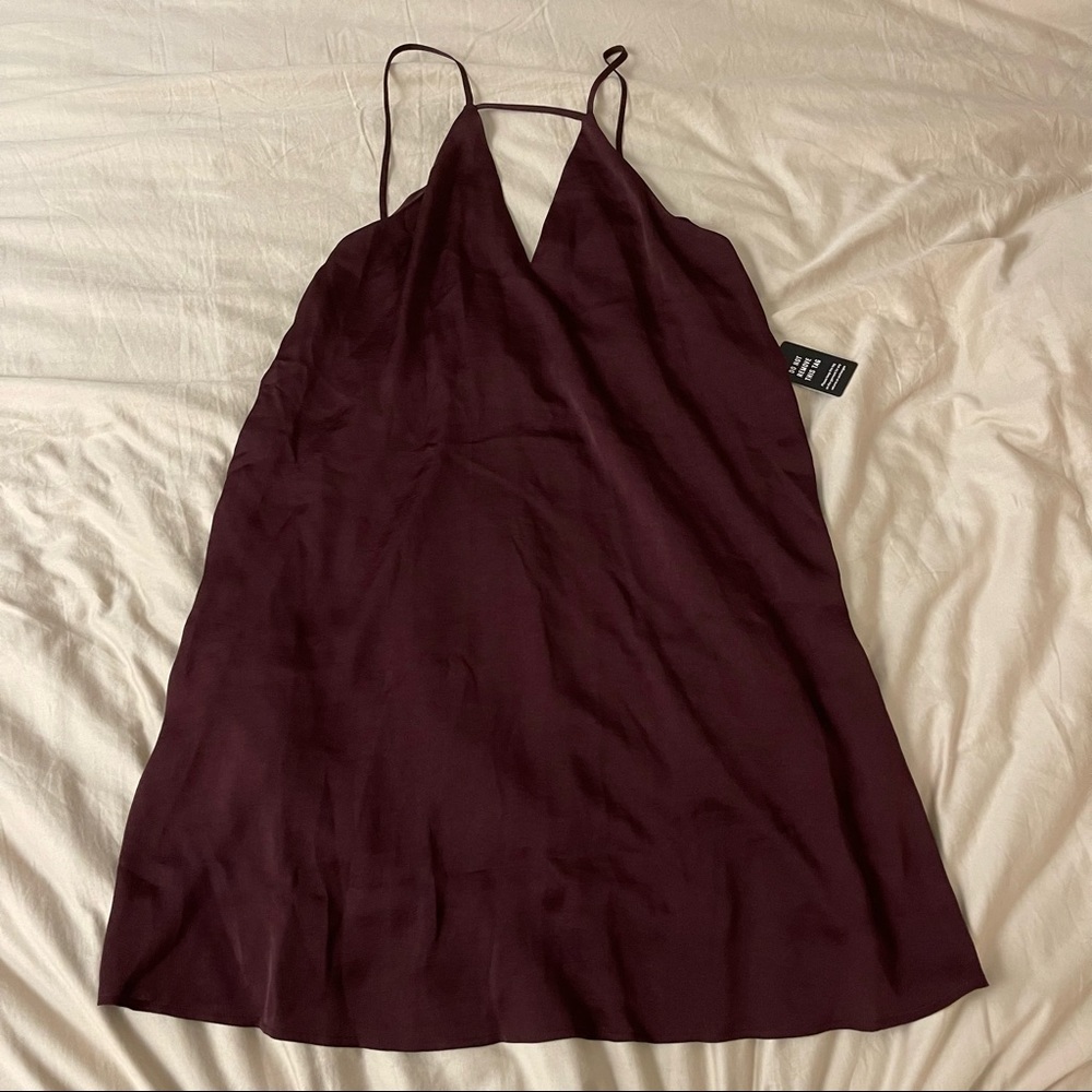 NWT Express Satin Low Back Trapeze Shift Dress in Burgundy